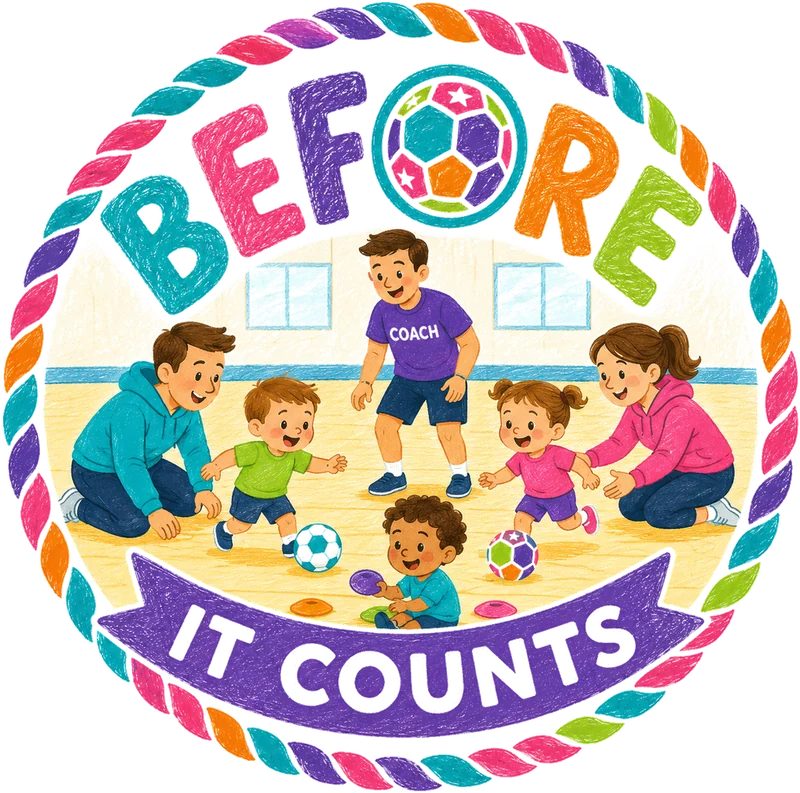 The Before It Counts badge: parents kneeling on a hall floor beside their toddlers, each child with a ball